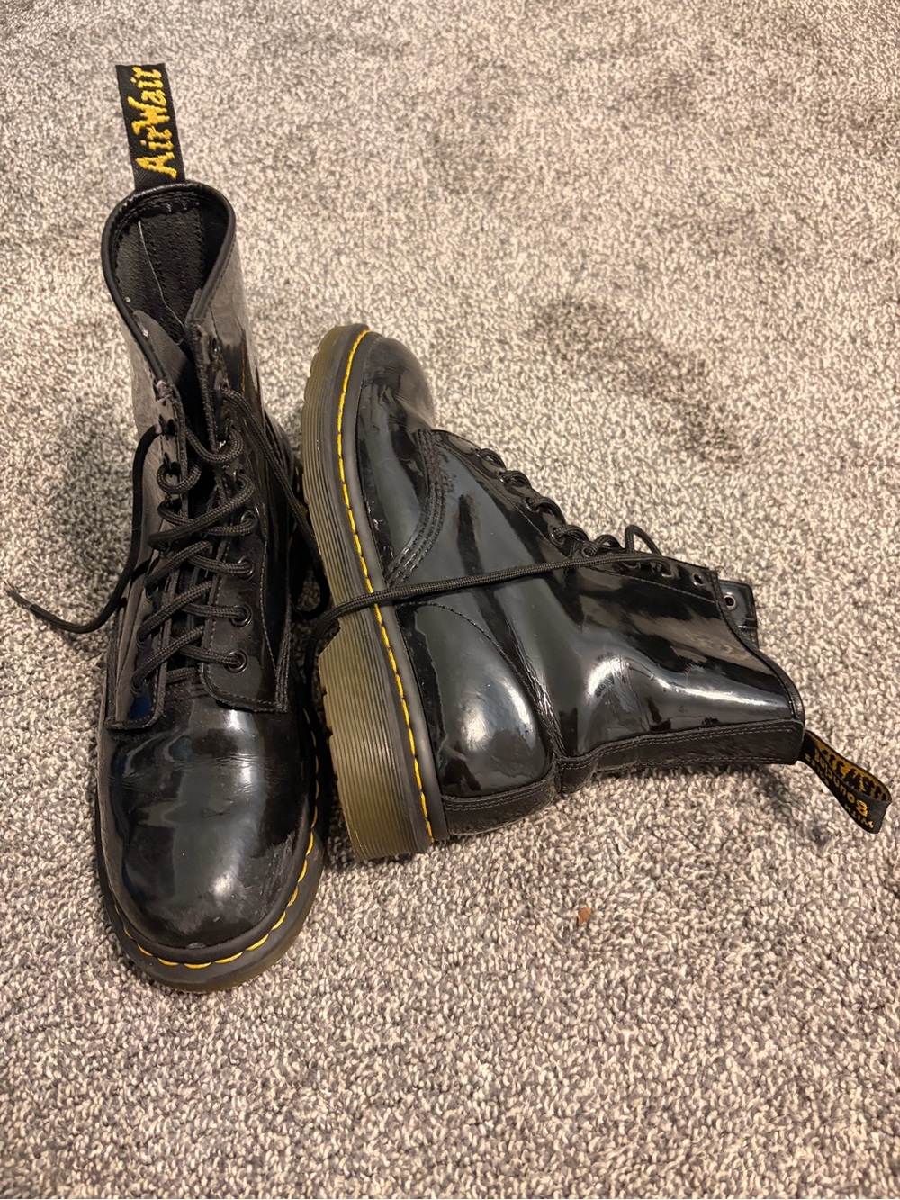 Dr. Martens Black Patent Lace-Up Boots with Yellow Stitching